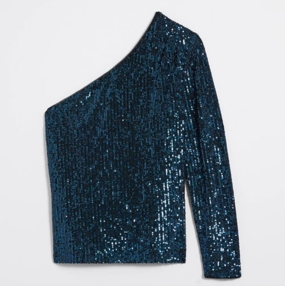 WHBM Blue Sequined Exposed Shoulder Evening Blouse - Picture 4 of 13
